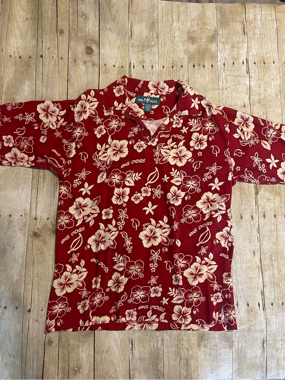 Vintage Big Dogs Men’s Red Floral Hawaiian Shirt Large
